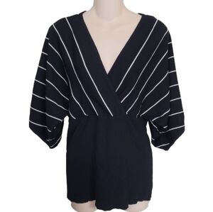 Linda Matthews Black and White Stripe Deep V-Neck Blouse Top Size Women's XL
